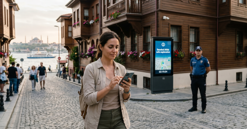 Una turista sonriente mira su smartphone mientras camina por una histórica calle empedrada de Estambul, flanqueada por casas de madera otomanas. Pasa junto a un oficial de policía turco de pie y un letrero digital que muestra el texto: 'Istanbul 2026: Safe Exploration