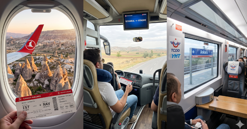 Collage fotográfico que ilustra cómo llegar de Estambul a Capadocia: avión, bus o tren. Muestra la vista de las chimeneas de hadas desde la ventanilla de un avión, el interior de un autobús viajando por carretera hacia Göreme y pasajeros dentro de un tren de alta velocidad turco