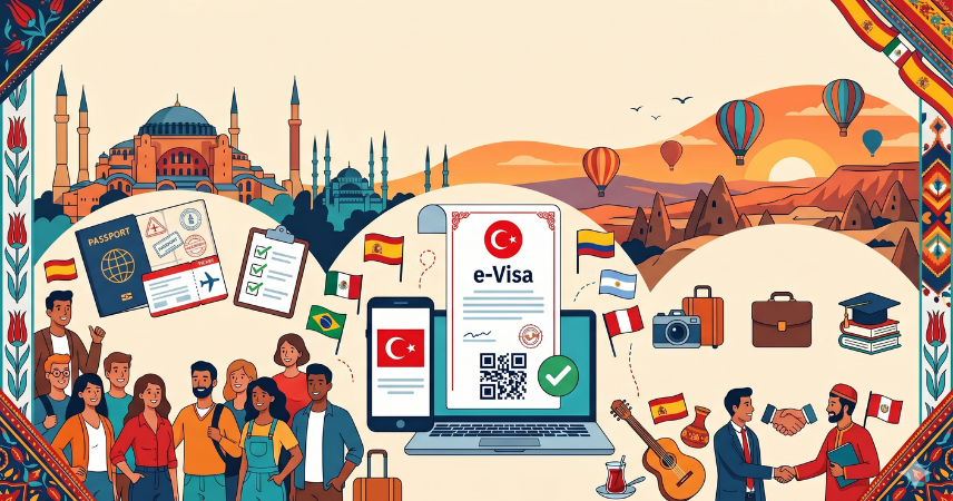 Ilustración colorida sobre el proceso de visado y turismo en Turquía. En el centro destaca una pantalla con un documento de e-Visa, rodeada por un grupo diverso de personas, un pasaporte, banderas de países hispanohablantes y una guitarra. En el fondo, se aprecia la majestuosa Santa Sofía en Estambul y un paisaje de Capadocia con globos aerostáticos al amanecer.