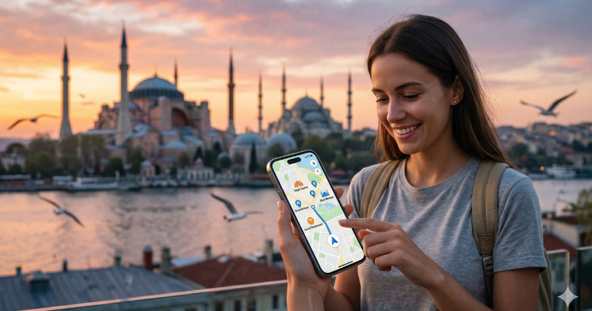 Turista usando una de las mejores aplicaciones para viajar a Turquía en su smartphone, con vistas panorámicas de Estambul al atardecer