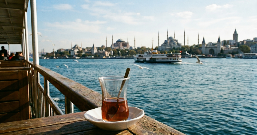 Una toma de primer plano de un vaso de té turco tradicional sobre una mesa de madera con vistas al Bósforo y a las mezquitas de Estambul en el fondo.